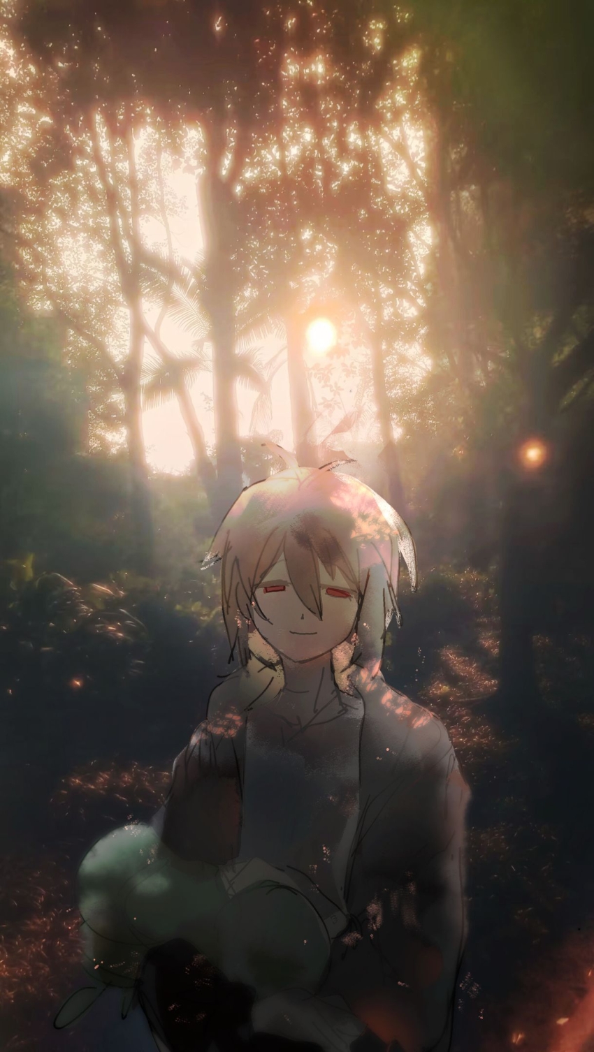 1boy antenna_hair black_jacket brown_hair chinese_commentary closed_mouth commentary_request grey_shirt hair_between_eyes heibaihuabing highres isoi_haruki jacket looking_at_viewer male_focus open_clothes open_jacket outdoors photo_background red_eyes saibou_shinkyoku shirt short_hair sketch smile solo tareme upper_body