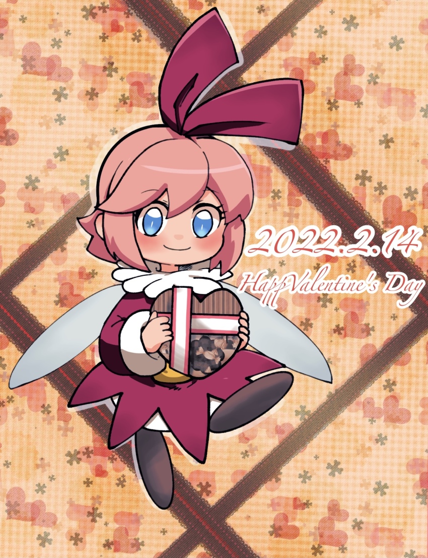 1girl 2022 batchgooya blue_eyes blush box box_of_chocolates english_text facing_viewer fairy fairy_wings gift gift_box hair_ribbon heart heart_print highres holding holding_gift kirby_(series) kirby_64 lace looking_at_viewer medium_hair nintendo pink_hair ribbon ribbon_(kirby) smile solo valentine wings