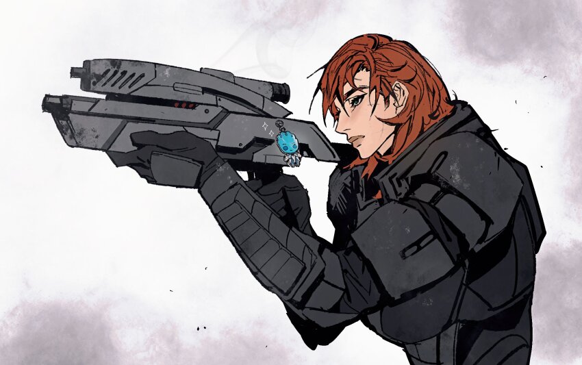 1girl aiming armor assault_rifle black_gloves blue_eyes brown_hair cbb_(tuucoo) charm_(object) commander_shepard commander_shepard_(female) frown gloves gun hair_behind_ear highres holding holding_gun holding_weapon liara_t&#039;soni mass_effect_(series) mass_effect_3 medium_hair n7_armor power_armor rifle solo sparkle weapon