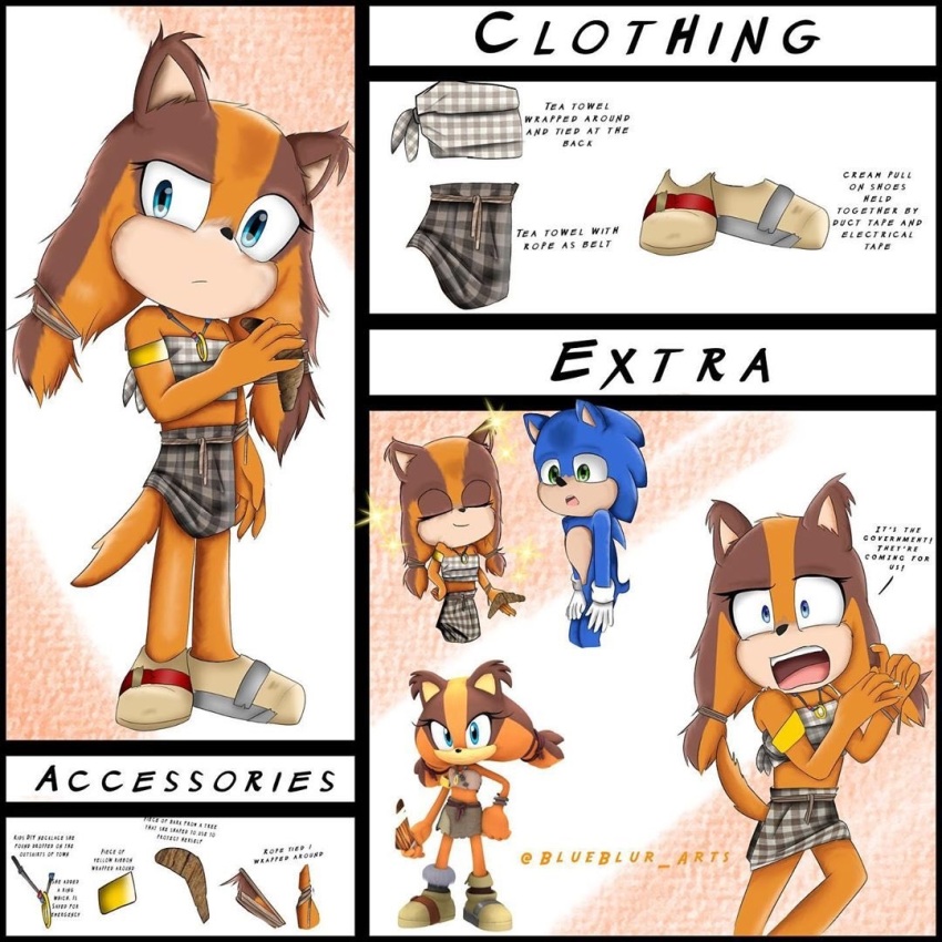 badger blue_eyes blue_fur blueblur_arts boomerang brown_fur collar gloveless gloves green_eyes orange_fur paramount_pictures rope shoes skirt sonic_(live_action) sonic_(series) sonic_boom_(series) sonic_the_hedgehog sonic_the_hedgehog_(movie) sticks_the_badger strapless towel tube_top