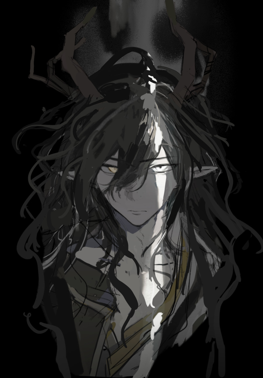 1boy absurdres arknights brown_horns chinese_commentary closed_mouth commentary_request crack_of_light expressionless hair_between_eyes heterochromia highres horns kuma_(yoooooooo152) long_hair looking_at_viewer male_focus messy_hair pointy_ears sketch solo wang_(arknights) white_eyes yellow_eyes