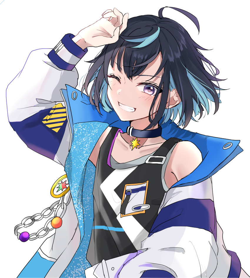 1boy absurdres ahoge arm_up black_choker choker ensemble_stars! highres jacket long_sleeves looking_at_viewer male_focus medium_hair multicolored_hair multicolored_jacket one_eye_closed open_clothes open_jacket pomemi purple_eyes sagiri_esu simple_background smile solo tank_top two-tone_hair upper_body white_background
