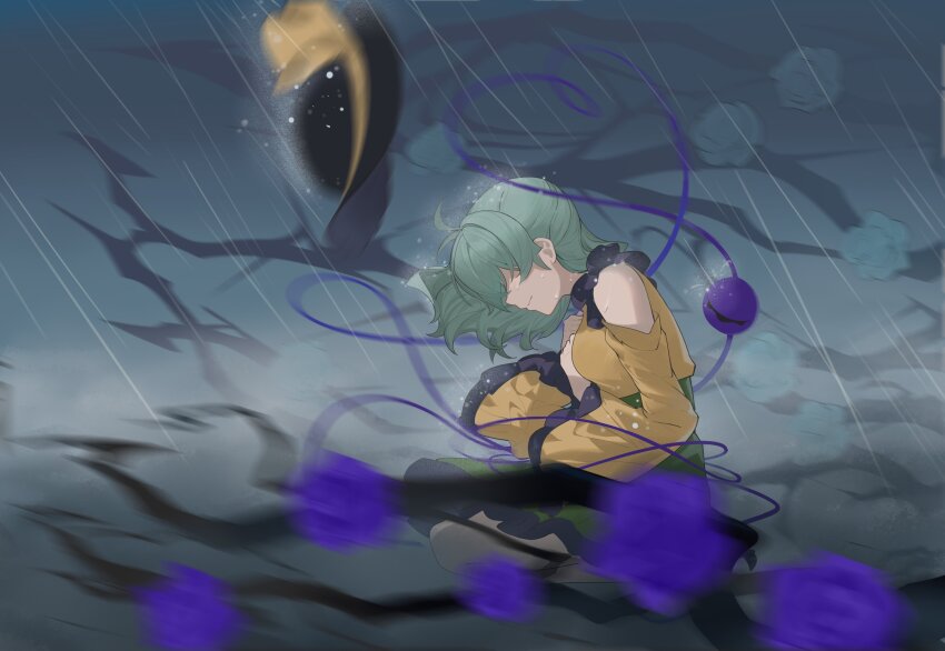 1girl absurdres black_hat blouse bow buttons devilkillerx diamond_button eyeball flower frilled_shirt_collar frilled_sleeves frills green_hair green_skirt hat hat_bow hat_ribbon heart heart_of_string highres komeiji_koishi ribbon shirt skirt solo third_eye touhou wide_sleeves yellow_bow yellow_ribbon yellow_shirt