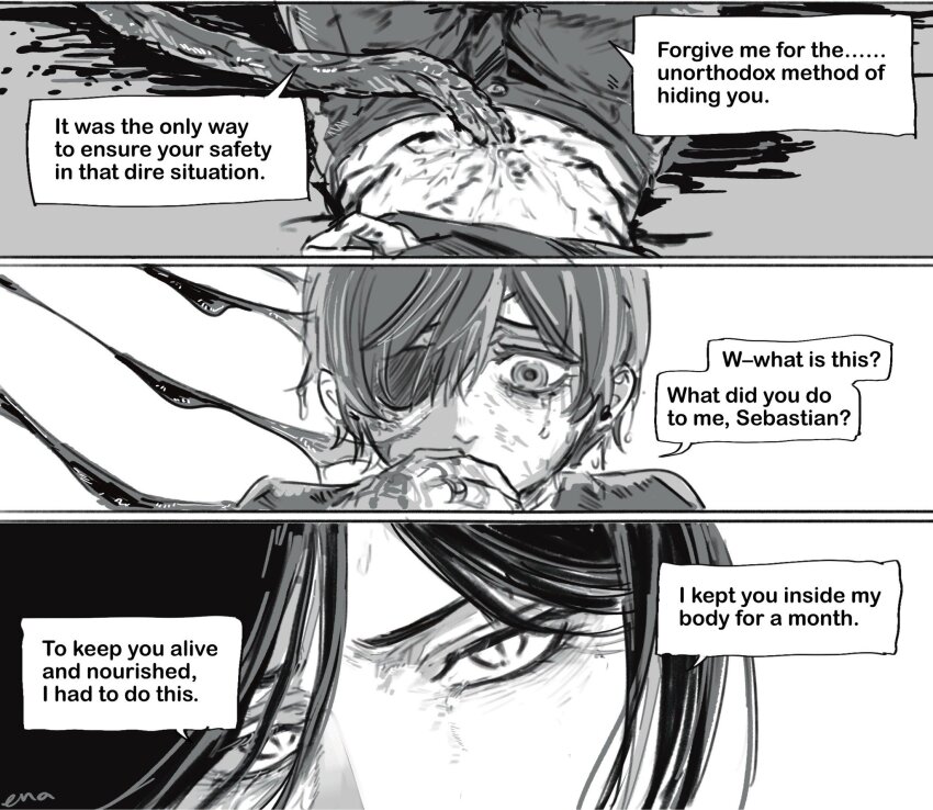 2boys after_birth bishounen black_hair blood butler ciel_phantomhive crying crying_with_eyes_open earrings ena33333333 english_text eyelashes eyepatch greyscale hair_between_eyes highres implied_male_pregnancy jewelry kuroshitsuji male_focus monochrome multiple_boys ring sebastian_michaelis short_hair speech_bubble tareme tears