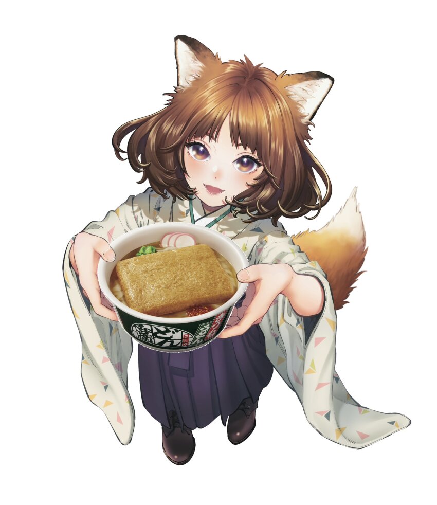 1girl animal_ears blush boots brown_eyes brown_hair commentary_request don_gitsune donbee_(food) donbei_kitsune_udon fox_ears fox_girl fox_tail from_above full_body high_heel_boots high_heels highres looking_at_viewer meiji_schoolgirl_uniform mori_taishi nissin nissin_donbei official_art open_mouth original short_hair simple_background smile solo tail white_background