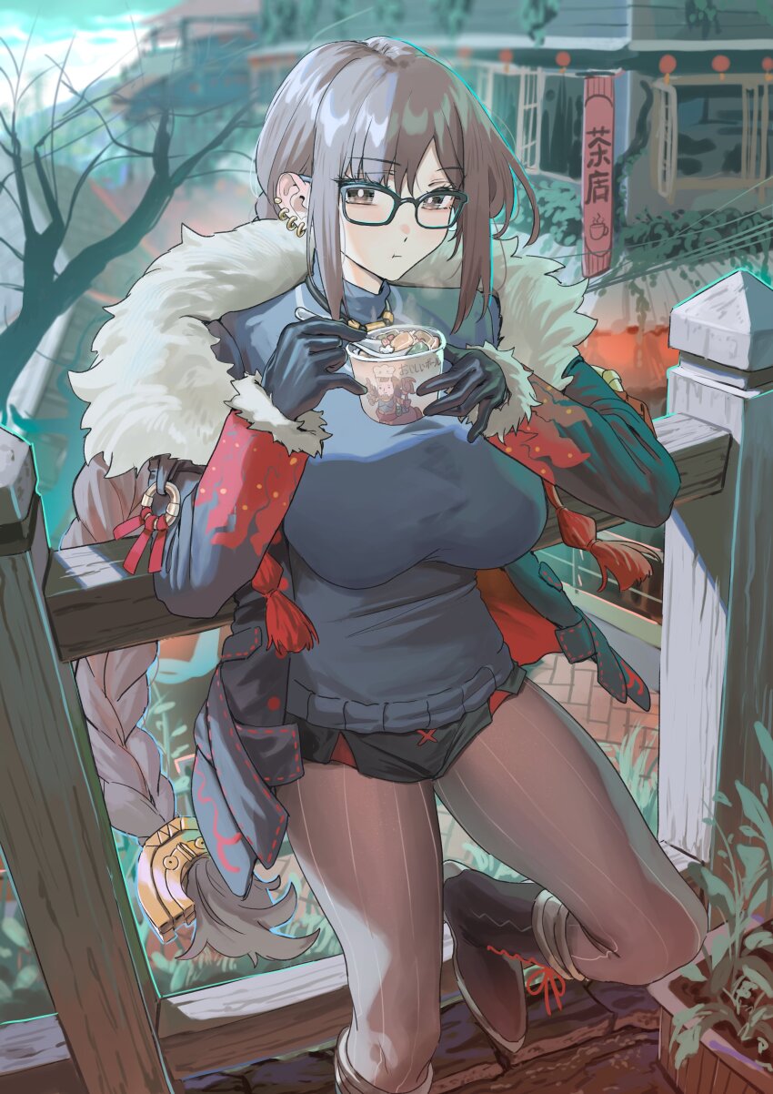 1girl absurdres against_railing aochoku bare_tree black_skirt blue_sweater braid braided_ponytail breasts brown_hair brown_pantyhose commentary cup_ramen earrings eating fate/grand_order fate_(series) food fur-trimmed_jacket fur_trim glasses highres holding holding_food jacket jewelry large_breasts long_hair looking_at_viewer microskirt open_clothes open_jacket outdoors pantyhose railing red_eyes skirt solo steaming_food sweater symbol-only_commentary tree very_long_hair yu_mei-ren_(fate)