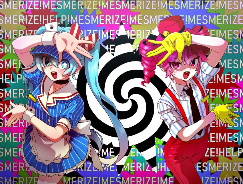 2girls alternate_costume apron aqua_background arm_up black_background black_choker black_necktie blue_background blue_eyes bow buttons choker collarbone collared_shirt colorful_background cowboy_shot cross-shaped_pupils diagonal-striped_bow double-parted_bangs dress drill_hair flat_chest gloves green_background hair_between_eyes hand_up hands_up hat hat_bow hatsune_miku kasane_teto long_hair mesmerizer_(vocaloid) mismatched_pupils multiple_girls necktie open_mouth pants pink_background pinstripe_dress pinstripe_hat pinstripe_pattern procyon puffy_short_sleeves puffy_sleeves red_bow red_eyes red_hat red_pants shirt short_sleeves sleeves_rolled_up smiley_hat_ornament spiral striped_clothes striped_shirt sweatdrop symbol-shaped_pupils teeth twin_drills twintails two-tone_bow upper_teeth_only utau very_long_hair visor_cap vocaloid waist_apron white_apron white_background white_bow white_wrist_cuffs wing_collar wrist_cuffs yellow_background yellow_gloves