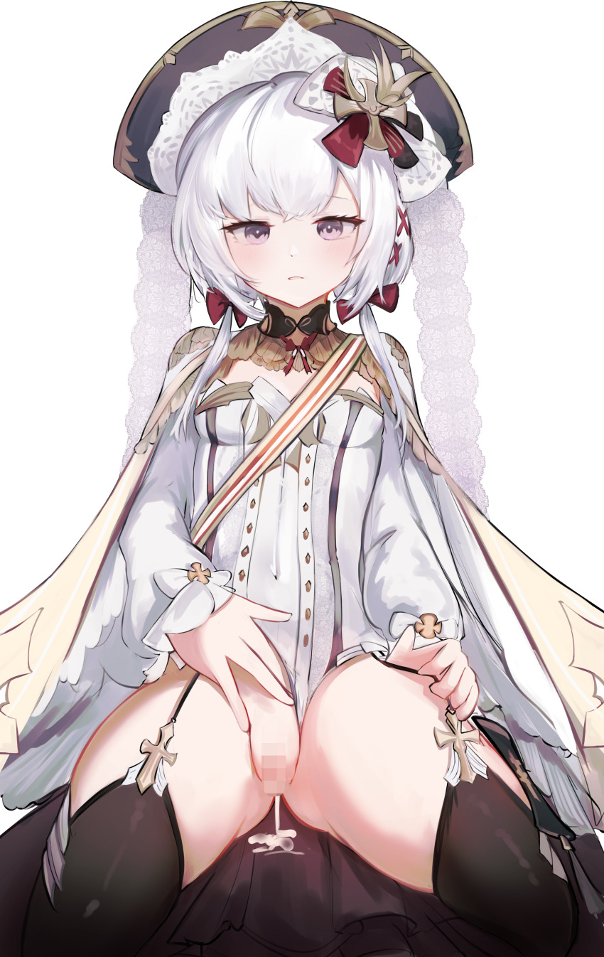 1girl absurdres azur_lane black_thighhighs bow breasts buttons censored coat commentary_request covered_navel cross cross_fitchy cross_hair_ornament cross_patty cum cum_in_pussy cumdrip double-breasted flandre_(azur_lane) garter_straps gluteal_fold grey_eyes hair_bow hair_ornament hand_on_own_crotch hand_on_own_thigh hat highres latin_cross leotard long_sleeves looking_at_viewer mizuhashi_parusui mosaic_censoring pussy simple_background sitting sleeves_past_wrists small_breasts solo spread_legs thick_thighs thighhighs thighs white_background white_coat white_hair white_leotard