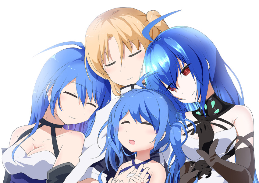 4girls ahoge azur_lane bare_shoulders black_gloves blonde_hair blue_hair breasts cleveland_(azur_lane) detached_collar elbow_gloves gloves helena_(azur_lane) helena_(meta)_(azur_lane) lena_(azur_lane) long_hair medium_breasts multiple_girls red_eyes simple_background toro_yurei twintails upper_body white_background