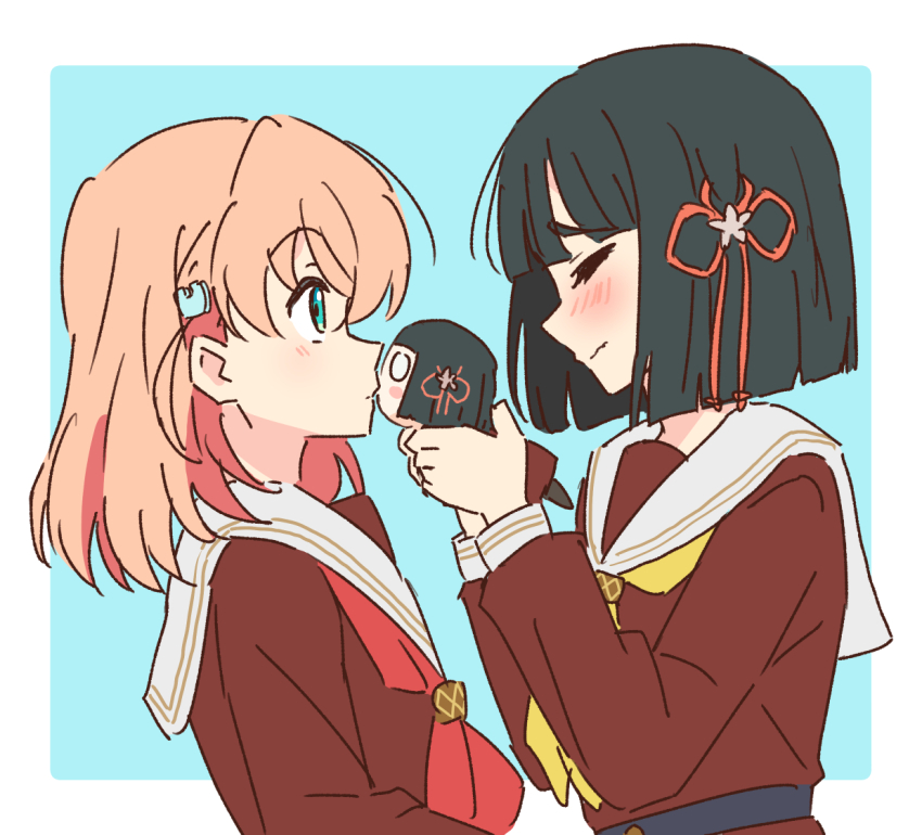 2girls aqua_eyes blue_background blunt_bangs blunt_ends blush bob_cut border brown_dress cerise_bouquet character_doll commentary doll dress embarrassed flower flower_knot hair_flower hair_ornament hasu_no_sora_school_uniform hinoshita_kaho holding holding_doll link!_like!_love_live! long_sleeves looking_at_another love_live! medium_hair momose_ginko multiple_girls neckerchief nesoberi nogreen object_kiss orange_hair outside_border profile rabbit_hair_ornament red_neckerchief sailor_collar sailor_dress school_uniform short_hair simple_background two_side_up virtual_youtuber white_border white_flower white_sailor_collar wide-eyed winter_uniform yellow_neckerchief yuri