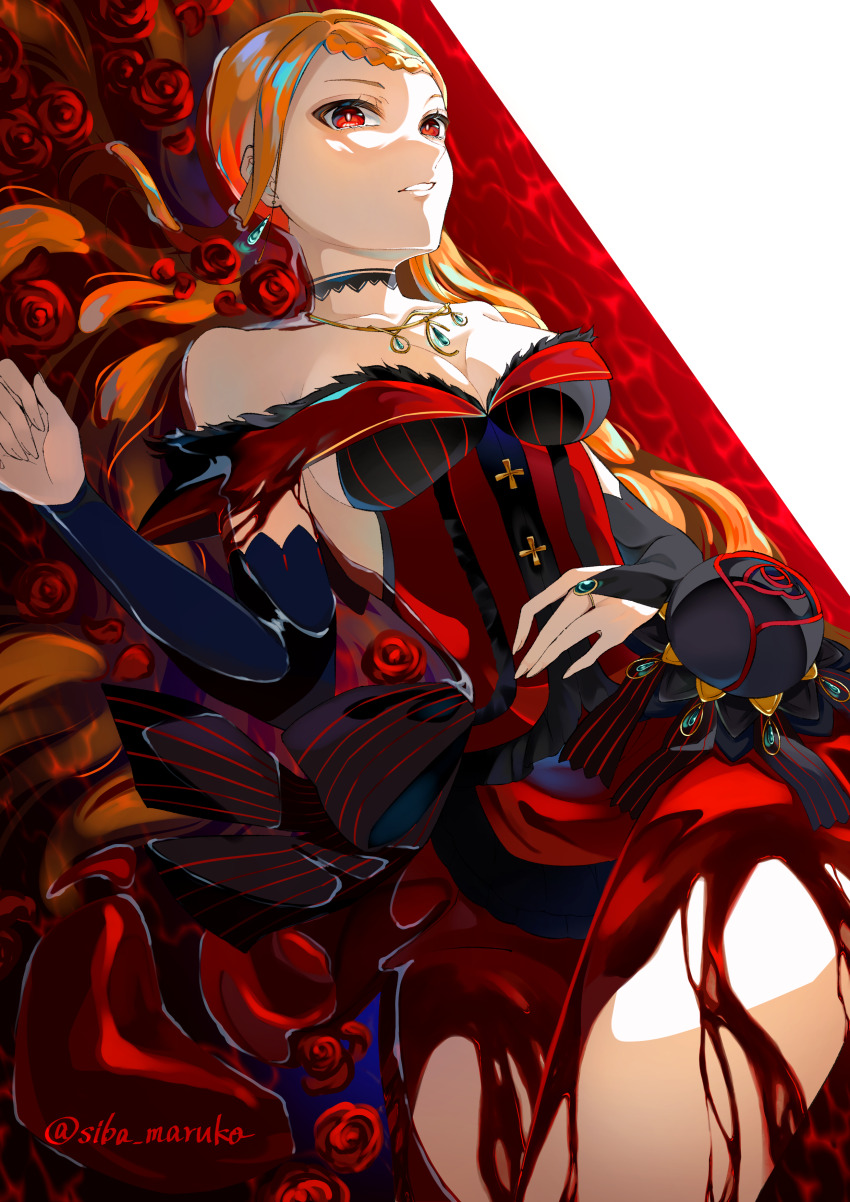 1girl absurdres blood breasts cleavage dress flower hand_on_own_stomach highres large_breasts lying on_side orange_hair priscilla_barielle re:zero_kara_hajimeru_isekai_seikatsu red_dress red_eyes rose siba_maruko solo