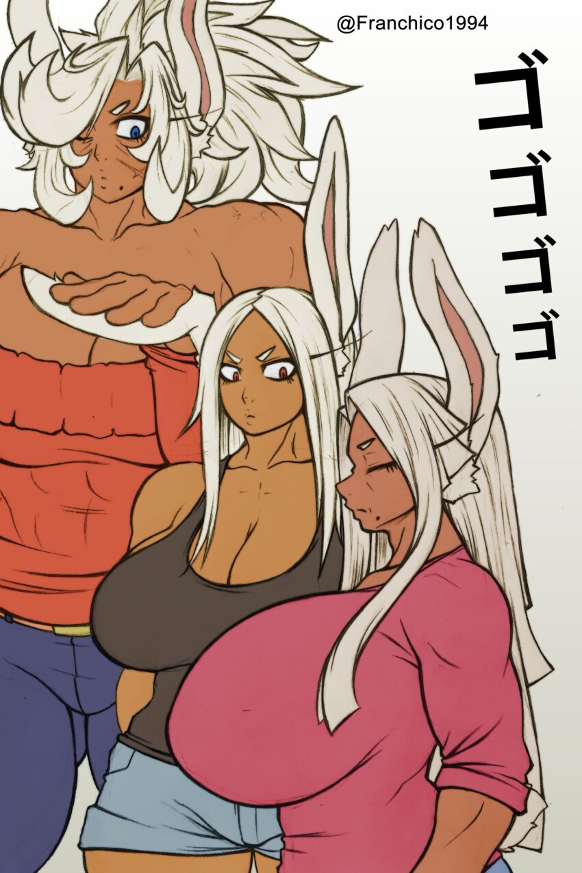 3girls age_difference boku_no_hero_academia breasts family franchico1994 grandmother_and_granddaughter height_difference highres huge_breasts mirko mother_and_daughter multiple_girls original standing tall_female usagiyama_romi_(franchico1994) usagyama_mika_(franchico1994)