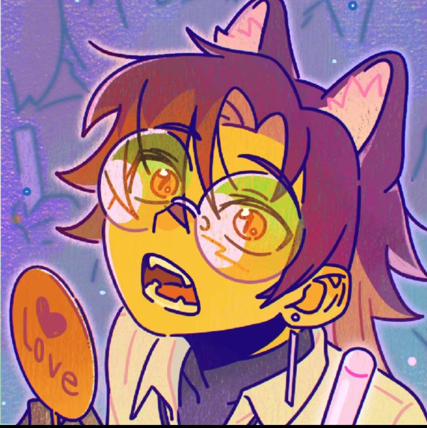 animal_ear_fluff animal_ears brown_hair candy cat_ears cat_girl earrings fluffy_hair food fox_boy fox_ears fox_girl fox_tail furry highres jewelry lollipop open_mouth portrait round_eyewear sharp_teeth short_hair slit_pupils tail teeth yellow_eyes