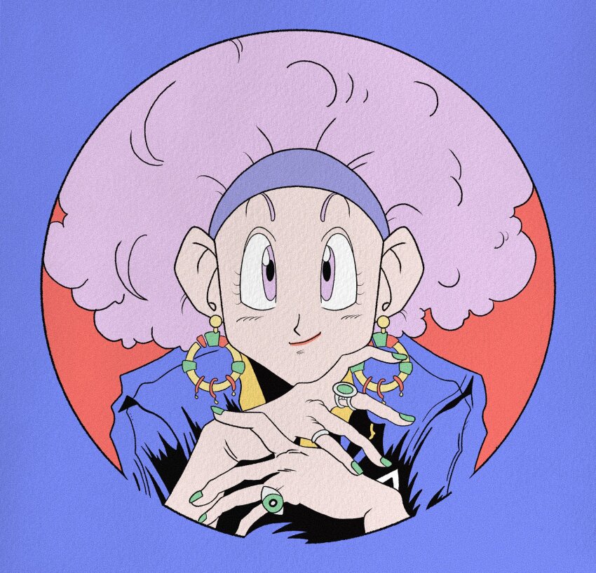 1girl bulma dragon_ball dragonball_z earrings green_nails hairband highres jacket jewelry nail_polish purple_eyes purple_hair purple_hairband purple_jacket ring smile solo wesatinthecar