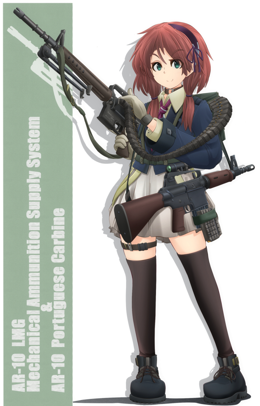 1girl ammunition_belt ar-10 assault_rifle battle_rifle black_choker black_footwear black_hairband black_thighhighs blue_jacket brown_hair carrying choker closed_mouth commentary_request cross-laced_footwear dress_shirt english_text female_focus full_body gloves green_eyes grey_gloves grey_shirt gun hair_over_shoulder hair_tie hairband highres holding holding_gun holding_weapon jacket long_sleeves looking_at_viewer machine_gun medium_hair mikeran_(mikelan) military miniskirt necktie original pleated_skirt purple_necktie rifle scope shadow shirt silhouette skirt smile solo standing thigh_strap thighhighs trigger_discipline twintails v-shaped_eyebrows weapon white_skirt
