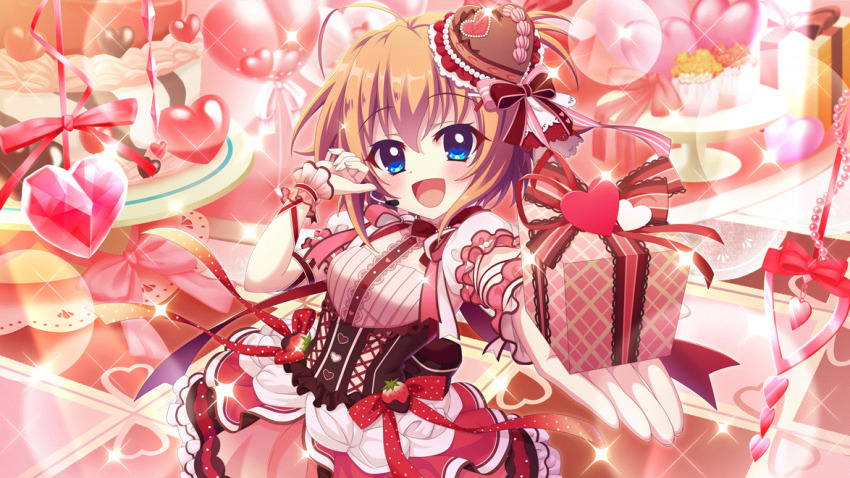 1girl :d blue_eyes box breasts brown_corset cake checkered_floor chocolate_hair_ornament corset doily dot_nose dress film_grain food food-themed_hair_ornament fruit game_cg gift gift_box hair_ornament hand_up headset heart heart_hair_ornament idol idol_clothes incoming_gift izumi_tsubasu layered_skirt lens_flare looking_at_viewer non-web_source official_art open_mouth orange_hair outstretched_arm oversized_food oversized_object pink_dress pink_wrist_cuffs polka_dot polka_dot_ribbon re:stage! red_ribbon ribbon shikimiya_mana skirt small_breasts smile solo sparkle stage stage_lights strawberry underbust valentine wrist_cuffs