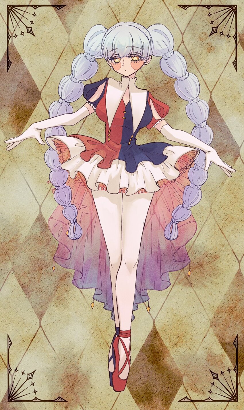 1girl argyle_background ballet_slippers blush_stickers braid breasts cleavage clown dress elbow_gloves en_pointe gloves grey_hair highres large_breasts long_hair mole mole_under_mouth oknomyk original outstretched_arms puffy_short_sleeves puffy_sleeves short_dress short_sleeves star-shaped_pupils star_(symbol) symbol-shaped_pupils twin_braids very_long_hair yellow_eyes