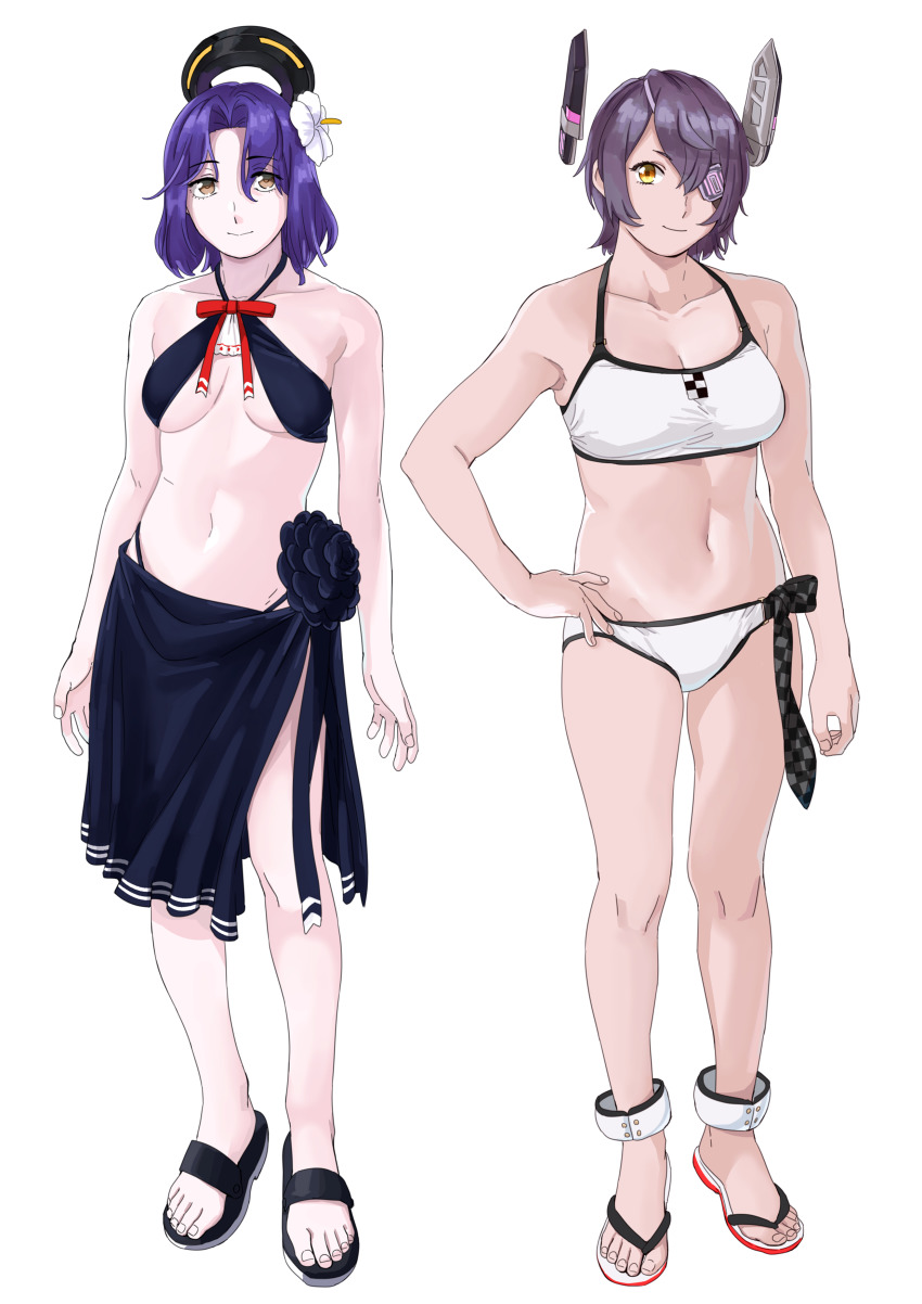 2girls absurdres bikini black_bikini black_sarong breasts checkered_clothes checkered_neckwear eyepatch flip-flops flower hair_flower hair_ornament halo hand_on_own_hip headgear highres kantai_collection looking_at_viewer mechanical_halo medium_breasts multiple_girls necktie ojipon purple_eyes purple_hair sandals sarong short_hair simple_background small_breasts swimsuit tatsuta_(kancolle) tatsuta_(swimsuit)_(kancolle) tenryuu_(kancolle) tenryuu_(swimsuit)_(kancolle) white_background white_bikini yellow_eyes