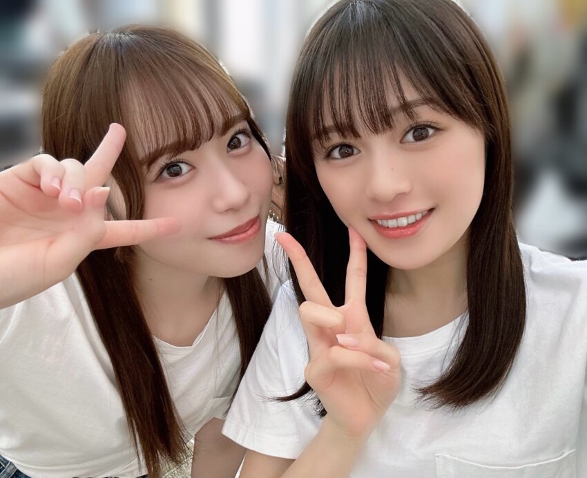 2girls blurry blurry_background date_sayuri emori_aya highres indoors looking_at_viewer multiple_girls photo_(medium) smile standing voice_actor
