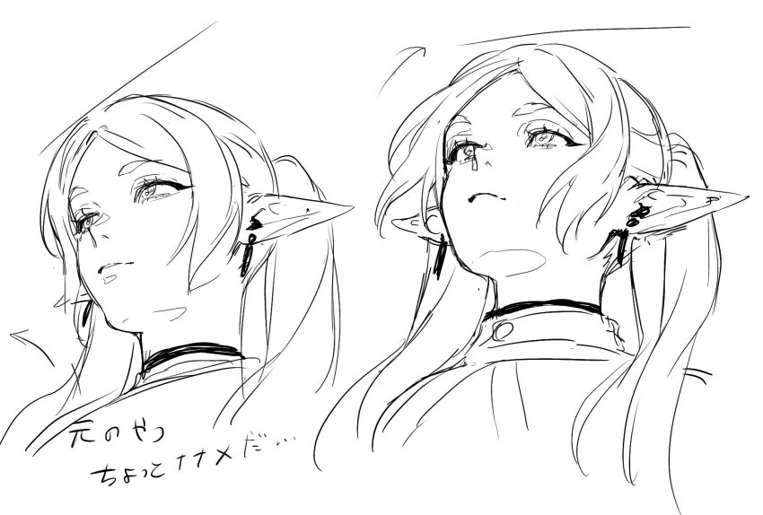 8_osc arrow_(symbol) capelet closed_mouth earrings elf frieren from_behind greyscale hair_over_shoulder highres jewelry meme monochrome parted_bangs pointy_ears sidelocks sketch sousou_no_frieren thick_eyebrows twintails upper_body upward_angle_frieren_drawing_(meme) white_background white_capelet
