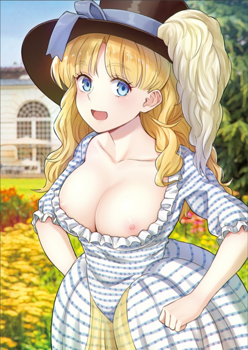 1girl absurdres architecture blonde_hair blue_bow blue_eyes blue_sky blush bow breasts building dress european_architecture european_clothes feathers flower grass hands_on_own_hips hat hat_bow hat_feather highres kanden_sky large_areolae large_breasts nipple_slip nipples open_mouth original outdoors red_flower sky top_hat tree victorian white_dress white_feathers window yellow_flower