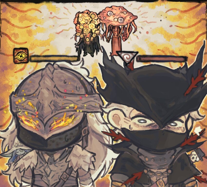 4others aging_untouchable ambiguous_gender armor black_capelet black_eyes black_jacket black_robe bloodborne brain breastplate capelet chibi chibi_only elden_ring extra_eyes fire hat helmet hunter_(bloodborne) jacket kinomoru mask monster mouth_mask multiple_others red_robe robe sweatdrop tarnished_(elden_ring) tentacles tricorne white_hair winter_lantern yellow_background