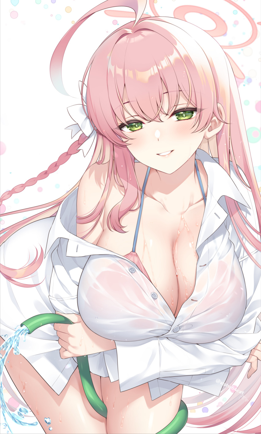 1girl absurdres alpha_(yukai_na_nakamatachi) blue_archive breasts cleavage green_eyes hanako_(blue_archive) hanako_(swimsuit)_(blue_archive) highres large_breasts long_hair looking_at_viewer pink_hair see-through_clothes see-through_shirt shirt simple_background smile solo