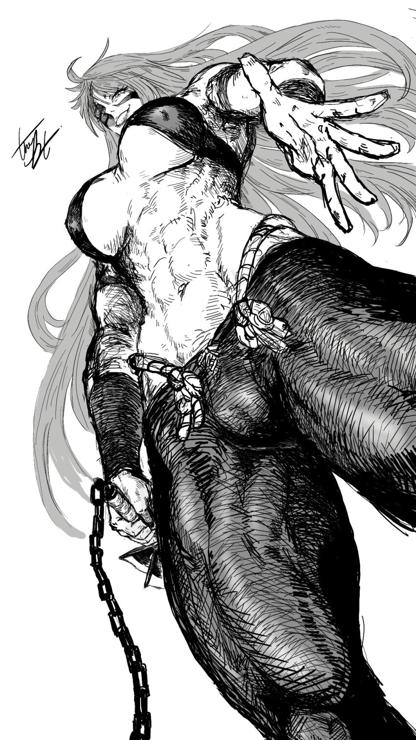 1girl abs armband artist_name beckoning breasts cameltoe chain clenched_hand commentary dutch_angle english_commentary facial_mark feet_out_of_frame female_focus floating_hair from_below fuuma_kotarou_(tenkaichi) graphite_(medium) grin hair_over_one_eye halterneck highres holding holding_weapon large_breasts long_hair looking_at_viewer looking_down muscular muscular_female navel pants simple_background smile solo teeth tenkaichi_nihon_saikyou_bugeisha_ketteisen thick_thighs thighs traditional_media underboob vambraces very_long_hair weapon white_background yama88248994