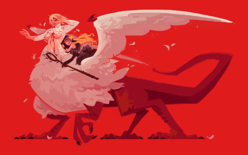 2girls absurdres ambrosia_(dungeon_meshi) black_claws black_dress black_veil blonde_hair blood blood_on_chest blood_on_face body_fur breasts centauroid chimera claws commentary dragon_tail dress dungeon_meshi ear_covers elf english_commentary falin_touden falling_feathers feathered_wings feathers floating_hair green_eyes highres holding holding_staff long_hair looking_at_viewer marcille_donato messy_hair multiple_girls navel on_person open_mouth pointy_ears red_background red_scales riding short_hair simple_background staff tail taur tears underboob veil very_long_hair vickychendraws white_feathers white_wings wings yellow_eyes yuri