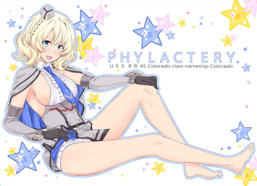 1girl backless_dress backless_outfit barefoot black_gloves blonde_hair blue_eyes blue_necktie braid breasts colorado_(kancolle) commentary dress elbow_gloves feet full_body garrison_cap gloves grey_dress grey_gloves grey_hat hat headgear kantai_collection large_breasts looking_at_viewer necktie no_shoes pleated_dress shirt short_hair side_braids sideboob simple_background sleeveless soles solo takase_asagiri white_background white_shirt