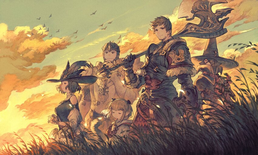 2girls 3girls absurdres ardbert_hylfyst armor axe bird branden_(ff14) elezen elf final_fantasy final_fantasy_xiv fur_trim grass hat hat_feather highres hyur lalafell lamitt maeka_(kumaekake) miqo&#039;te multiple_girls nyelbert over_shoulder pointy_ears renda-rae roegadyn smile standing weapon weapon_over_shoulder wizard_hat