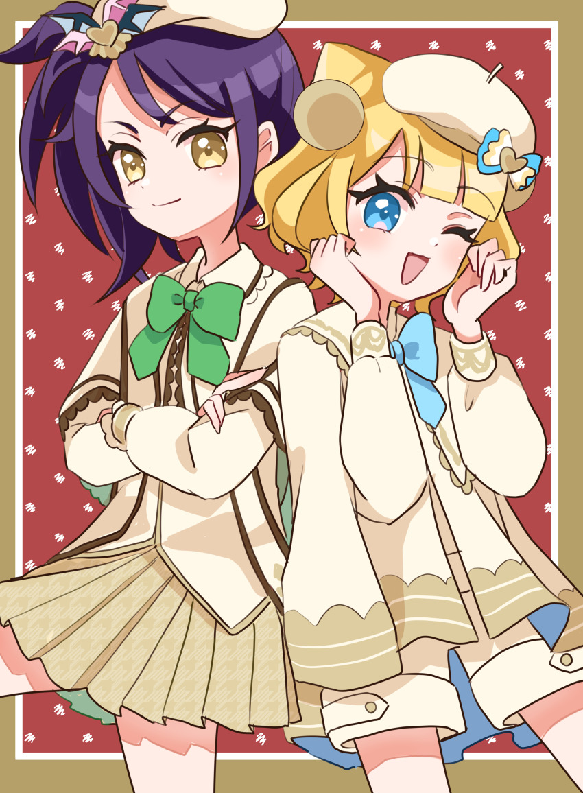 2girls absurdres beret blonde_hair blue_bow blue_bowtie blue_eyes bow bowtie cardigan closed_mouth cowboy_shot crossed_arms green_bow green_bowtie hat highres long_hair long_sleeves looking_at_viewer madori_(1ldkplanet) minami_mirei multiple_girls pleated_skirt pretty_series pripara purple_hair short_hair shorts side_ponytail sidelocks skirt smile toudou_shion yellow_eyes