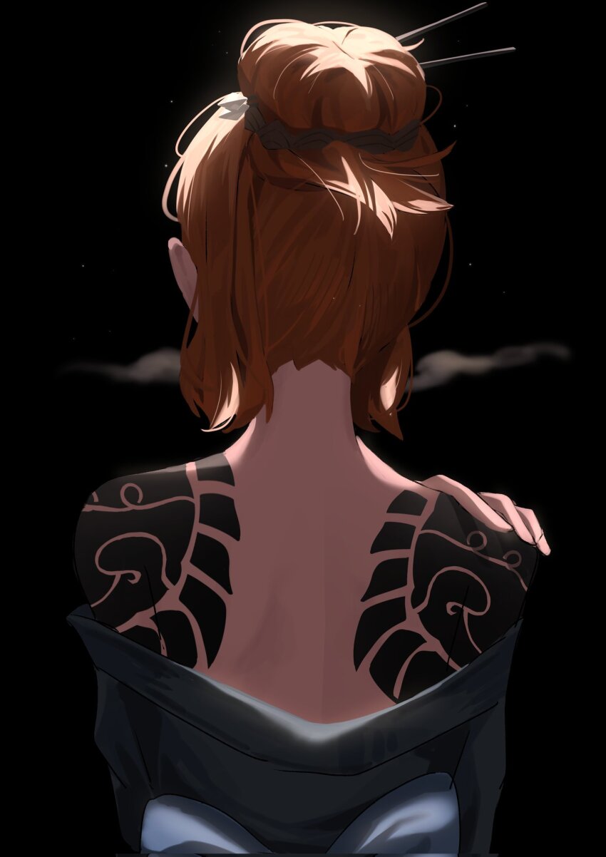 1girl back backlighting black_background black_kimono flaqjtmfmf from_behind hair_bun hand_on_own_shoulder highres irezumi ishmael_(project_moon) japanese_clothes kimono kurokumo_clan_(identity)_(project_moon) limbus_company nape off_shoulder orange_hair project_moon simple_background solo tattoo