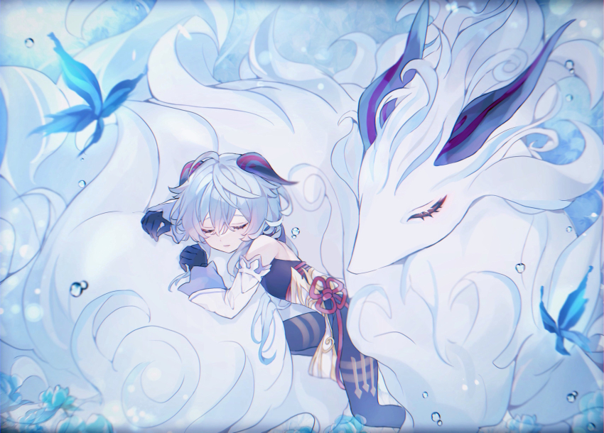 1girl absurdres ahoge animal bare_shoulders bell black_gloves black_pantyhose blue_flower blue_hair bodystocking breasts bug butterfly chinese_knot closed_eyes closed_mouth crystalfly_(genshin_impact) curled_horns detached_sleeves eyelashes flower full_body ganyu_(genshin_impact) ganyu_(qilin)_(genshin_impact) genshin_impact gloves goat_horns gold_trim hair_between_eyes high_collar highres horns insect long_hair medium_breasts messy_hair myunn_aa neck_bell night pantyhose pelvic_curtain purple_eyes qilin_(mythology) sleeping smile tassel vision_(genshin_impact) water_drop wide_sleeves