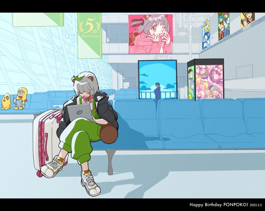 1girl 3boys airport animal_ears animal_nose anniversary aoi_ch. bald banner billboard black_eyes blunt_bangs cameo chancho closed_eyes closed_mouth colored_skin commentary_request computer crossed_legs dated down_jacket fairys_(vtuber) fuji_aoi gatchmanv green_overalls happy_birthday highres hoshizaki_tia indie_virtual_youtuber indoors jacket jacket_on_shoulders kikunojo_(fuji_aoi) laptop leaf leaf_on_head letterboxed mimic_(vtuber) mochi_hiyoko mochipro mode_aim multiple_boys omega_ray omega_rio omega_sisters open_mouth overalls peanuts-kun ponpoko_(vtuber) raccoon_ears raccoon_girl raccoon_tail saeki_yahiro shadow shoes short_hair sitting smile sneakers suitcase tail toyano_(ttoyano) typing virtual_youtuber white_footwear wide_shot yellow_skin