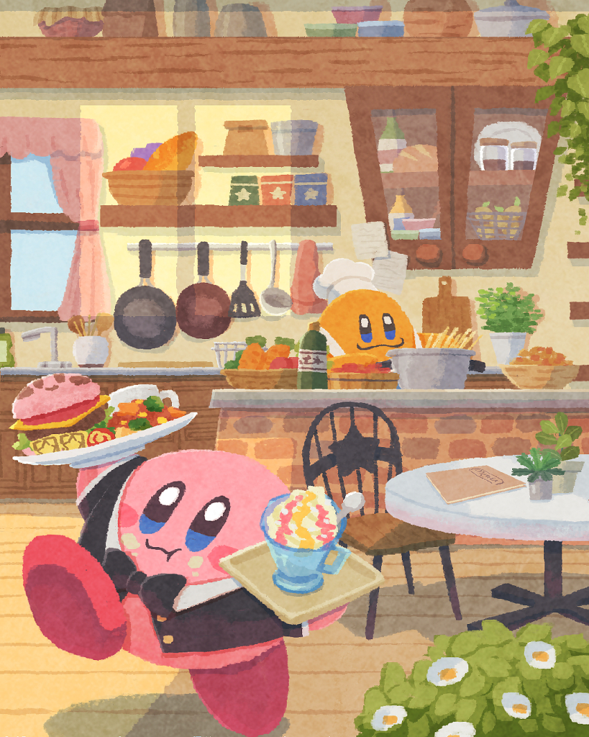 basket blue_eyes blush_stickers bottle bowl bread burger cafe chef_kawasaki closed_mouth curtains cutting_board food food_focus frying_pan highres holding holding_tray indoors kirby kirby_(series) kirby_burger kirby_cafe ladle miclot nintendo no_humans pink_shoes plant plate potted_plant shelf shoes spatula tray window