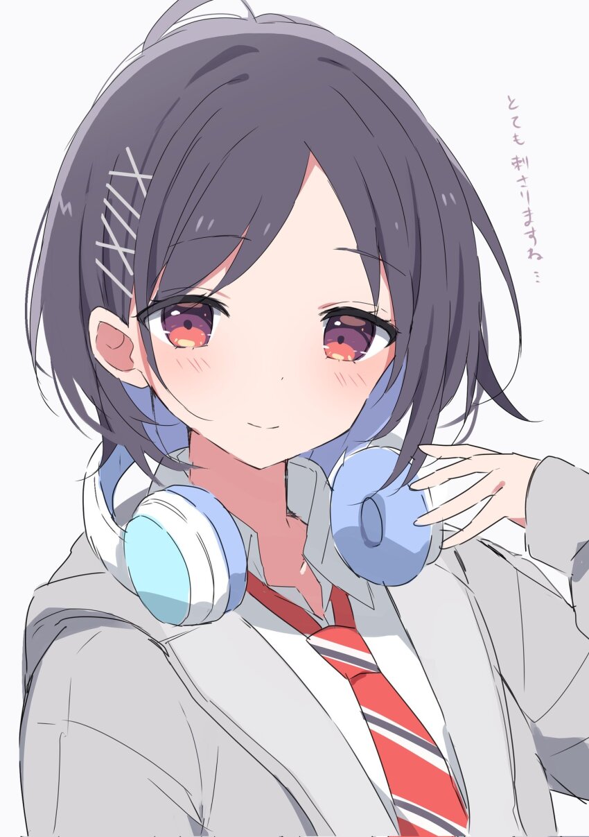 1girl ahoge black_hair commentary_request dot_nose gakuen_idolmaster grey_jacket hair_ornament hairclip hand_up headphones headphones_around_neck highres hood hooded_jacket idolmaster jacket light_blush long_sleeves looking_at_viewer mashiro_yu mochigome_(ununquadium) necktie red_eyes red_necktie shirt short_hair sidelocks smile solo upper_body white_background white_shirt