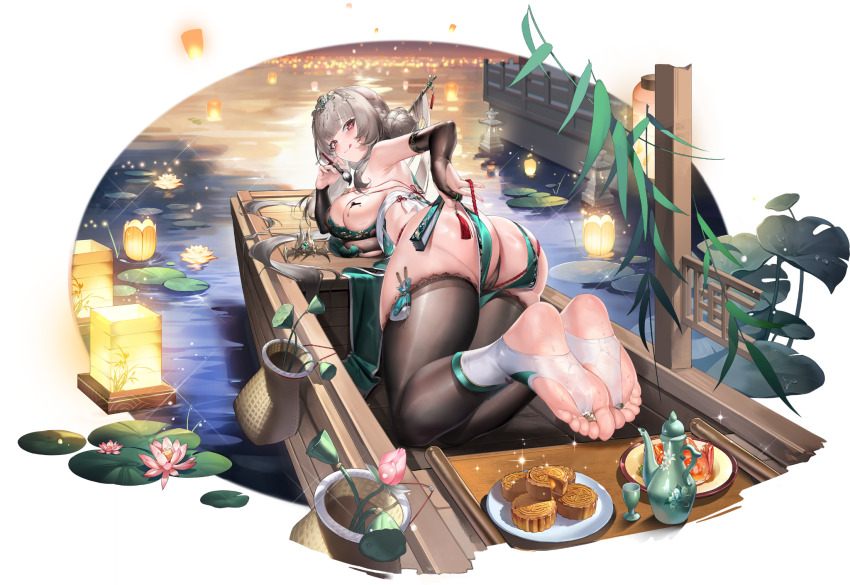 1girl armpits bare_back bare_shoulders black_gloves black_panties black_tank_top boat breasts cameltoe character_request crosscore elbow_gloves feet fingerless_gloves foot_focus gloves grey_hair highres huge_breasts legs long_hair looking_at_viewer looking_back no_bra no_shoes official_art panties red_eyes stirrup_legwear tank_top thighhighs toeless_legwear toes underwear water watercraft