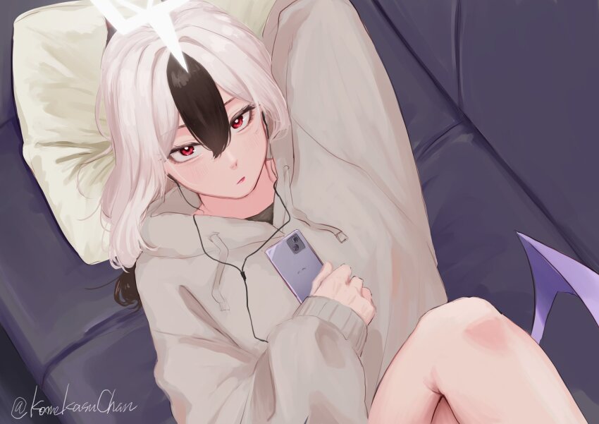 1girl arm_behind_head black_hair blue_archive cellphone closed_mouth couch demon_wings earphones grey_sweater halo hand_on_own_stomach highres indoors kayoko_(blue_archive) komekasuchan long_hair looking_at_viewer lying multicolored_hair on_couch phone pillow red_eyes single_wing smartphone solo sweater two-tone_hair white_hair white_halo wings
