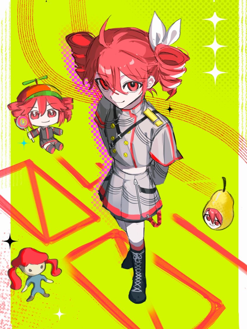 ahoge arm_behind_back belt birthday black_belt black_boots boots bow candy cropped_shirt dual_persona food full_body green_background grey_jacket grey_skirt hair_between_eyes hair_bow hair_ribbon highres igaku_(utau) jacket kasane_teto kasane_teto_(sv) kasane_teto_(utau) kneehighs lace-up_boots layered_sleeves lollipop midriff musical_staff musical_staff_print pearto red_eyes red_hair red_skirt red_socks red_trim ribbon shoulder_belt shoulder_boards skirt smile socks standing striped_clothes striped_jacket striped_skirt swirl_lollipop synthesizer_v tdinhphung utau white_bow white_ribbon