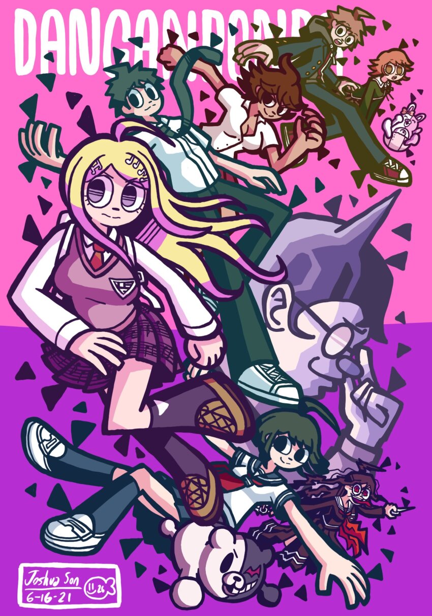 4boys 4girls adjusting_eyewear ahoge akamatsu_kaede artist_name black_socks blonde_hair blue_sailor_collar blue_skirt breasts brown_eyes brown_hair brown_shoes cleavage closed_eyes closed_mouth commentary copyright_name danganronpa:_trigger_happy_havoc danganronpa_(series) danganronpa_2:_goodbye_despair danganronpa_another_episode:_ultra_despair_girls danganronpa_v3:_killing_harmony dark-skinned_female dark_skin dated diaper english_commentary eyelashes fortissimo from_side fujisaki_chihiro fukawa_toko genocider_shou glasses green_hair grin hair_ornament highres hinata_hajime holding holding_scissors holding_weapon hood hood_down jacket josh-s26 kneehighs long_hair long_sleeves long_tongue messy_hair monokuma monomi_(danganronpa) multiple_boys multiple_girls musical_note musical_note_hair_ornament musical_note_print naegi_komaru naegi_makoto navel neckerchief necktie opaque_glasses open_clothes open_jacket open_mouth owari_akane pants pink_sweater_vest purple_skirt red_eyes red_neckerchief red_shoes round_eyewear sailor_collar school_uniform scissors serafuku shirt shoes short_hair short_sleeves skirt smile socks sweater_vest teeth tongue tongue_out trap upper_teeth_only v-shaped_eyebrows weapon white_shirt white_shoes yamada_hifumi