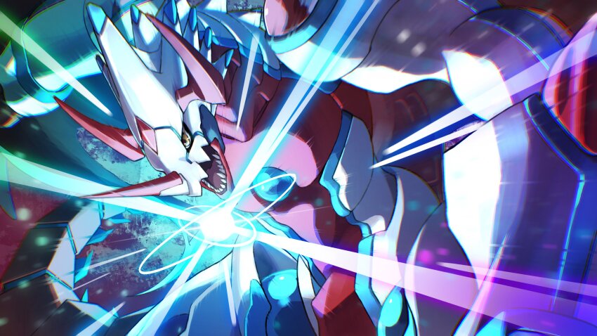 absurdres canoweissmon chest_jewel commentary digimon digimon_(creature) digimon_ghost_game dragon highres horns open_mouth powering_up red_scales sharp_teeth tartarte_tatin teeth upper_body white_scales yellow_eyes