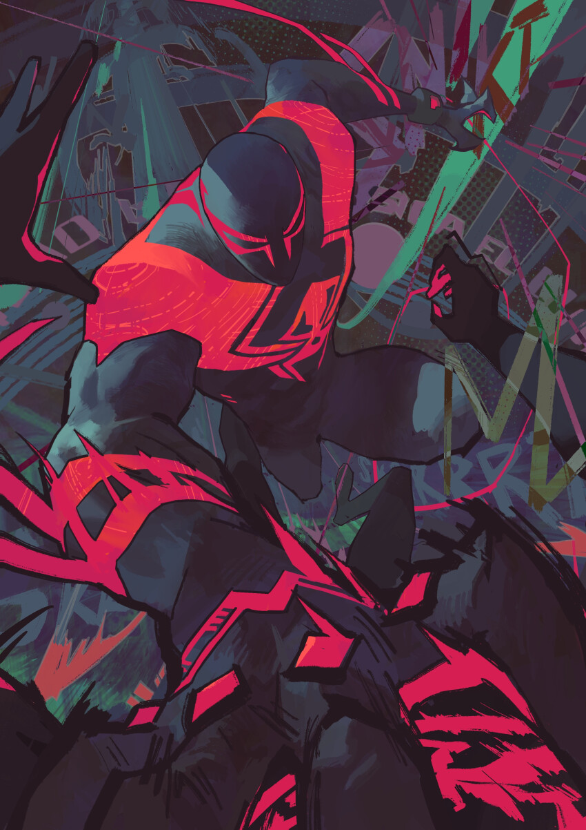 2boys absurdres black_bodysuit bodysuit claws foreshortening highres leonardo_vincent male_focus marvel mask multiple_boys muscular muscular_male pov red_bodysuit skin_tight spider-man:_across_the_spider-verse spider-man_(2099) spider-man_(miles_morales) spider-man_(series) spider-verse two-tone_bodysuit