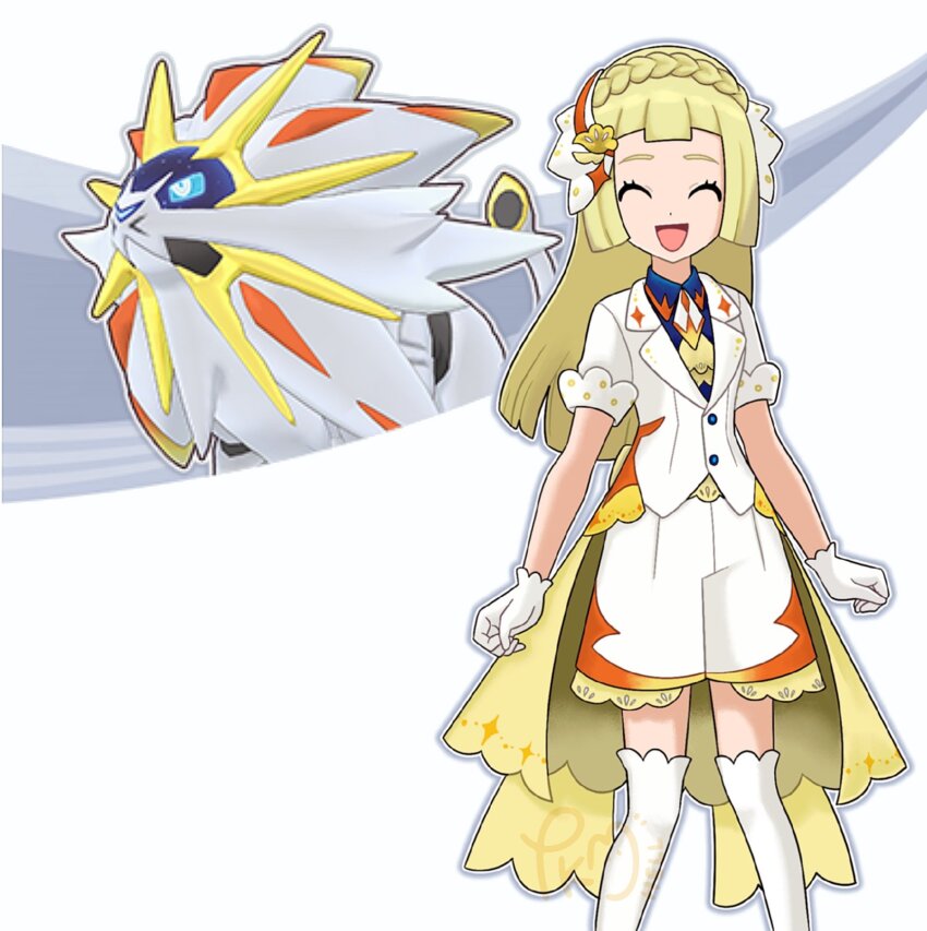 1girl :d ^_^ adapted_costume blonde_hair blue_shirt blunt_bangs braid buttons closed_eyes collared_shirt commentary eyelashes facing_viewer gen_7_pokemon gloves hair_ornament happy highres jacket legendary_pokemon lillie_(anniversary_2024)_(pokemon) lillie_(pokemon) long_hair nintendo open_mouth pokemon pokemon_(creature) pokemon_masters_ex shirt short_sleeves shorts smile solgaleo submashell thighhighs waist_cape white_gloves white_jacket white_shorts white_thighhighs
