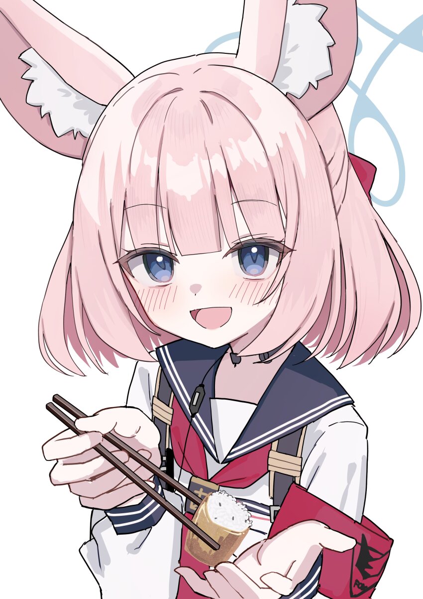 1girl absurdres animal_ear_fluff animal_ears armband ascot blue_archive blue_eyes blush chopsticks fox_ears fox_girl highres holding holding_chopsticks inaba_reito niko_(blue_archive) open_mouth pink_hair red_armband red_ascot shirt short_hair solo white_shirt