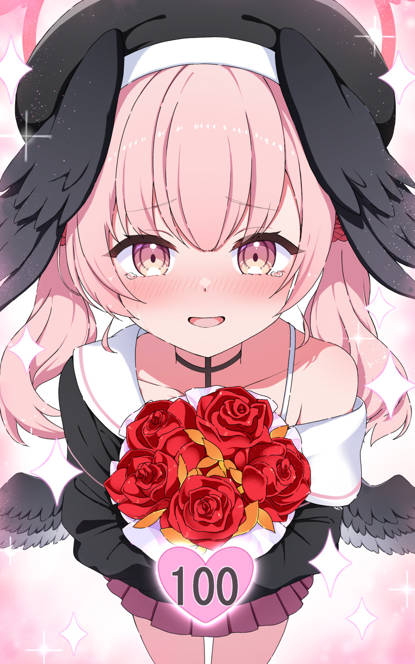 1girl :d absurdres angel angel_wings bare_shoulders black_choker black_wings blue_archive blush bouquet choker collarbone commentary commission crying fake_wings feathered_wings feathers flower hair_between_eyes halo happy_tears head_wings highres holding holding_bouquet koharu_(blue_archive) long_hair looking_at_viewer low_wings mini_wings nose_blush open_mouth pink_background pink_flower pink_hair pink_rose pink_wings pom_pom_(cheerleading) red_flower red_rose rose sen_chan_(akane1023) skeb_commission skirt smile solo sparkle sparkle_background tears twintails white_feathers white_wings wings
