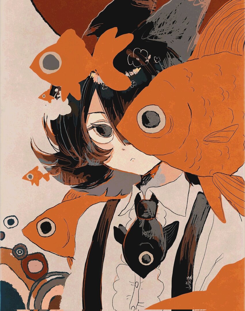 1girl :&lt; black_eyes black_hair black_necktie closed_mouth collared_shirt corrupted_twitter_file fish goldfish hair_between_eyes hair_over_one_eye highres looking_at_viewer medium_hair necktie one_eye_covered original shirt short_hair solo tagme wasabi_natsume white_shirt