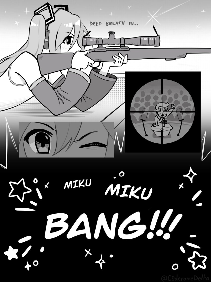 1boy 1girl absurdres aiming delta donald_trump firing greyscale gun hatsune_miku highres holding holding_gun holding_weapon implied_murder meme miku_miku_beaaaam!!_(meme) monochrome one_eye_closed politician rifle scope sniper_rifle weapon