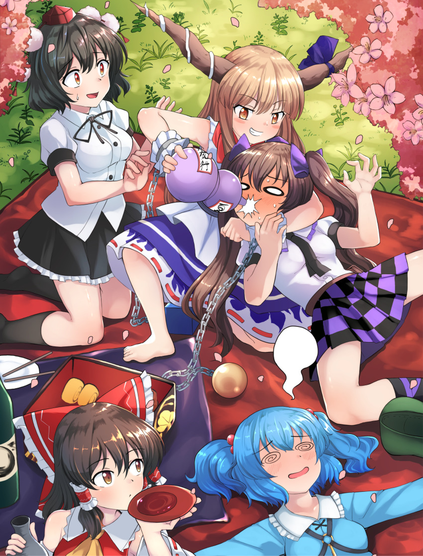 5girls @_@ absurdres alcohol ascot bare_shoulders barefoot black_hair black_ribbon black_skirt black_socks blonde_hair blue_hair blue_shirt blue_skirt bow breasts brown_eyes brown_hair checkered_clothes checkered_skirt collared_vest commentary_request cuffs cup detached_sleeves drinking drunk evil_grin evil_smile flower forced_drinking frilled_bow frilled_shirt_collar frilled_skirt frills grass grin hair_bobbles hair_bow hair_ornament hair_ribbon hair_tubes hakurei_reimu hat highres himekaidou_hatate horn_ornament horn_ribbon horns ibuki_suika kappa kawashiro_nitori key kneehighs leg_strap light_brown_hair long_hair long_sleeves medium_breasts medium_hair miniskirt multiple_girls necktie nontraditional_miko oni outdoors pechi_maru pink_flower pom_pom_(clothes) puffy_short_sleeves puffy_sleeves purple_bow purple_headwear purple_ribbon purple_skirt red_bow red_eyes red_headwear red_vest ribbon ribbon-trimmed_sleeves ribbon_trim sakazuki sake shackles shameimaru_aya shirt short_hair short_sleeves short_twintails skirt sleeveless sleeveless_shirt smile socks surprised tengu tokin_hat tokkuri touhou twintails two_side_up vest white_shirt white_skirt yellow_ascot