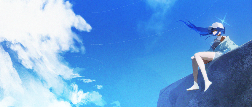 1girl absurdres baseball_cap black_camisole blue_archive blue_eyes blue_hair blue_halo camisole cloud denim denim_shorts halo hat headphones highres norio_(norio386) panorama saori_(blue_archive) saori_(swimsuit)_(blue_archive) shorts sky solo white_hat